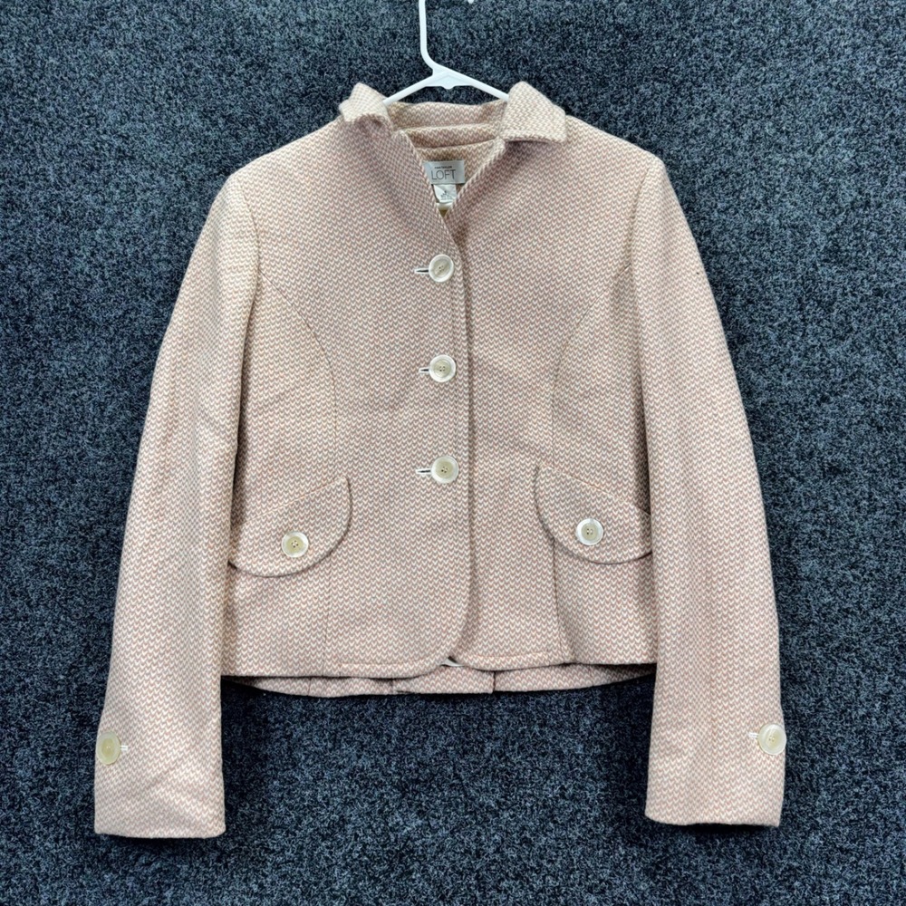Ann Taylor LOFT Peach‎ Wool Blend Textured Cropped Blazer Jacket Womens Size 6